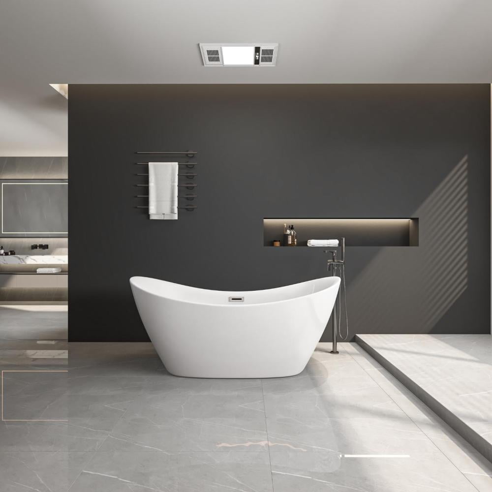 67" White Acrylic Freestanding Soaking Bathtub with Nickel Drain