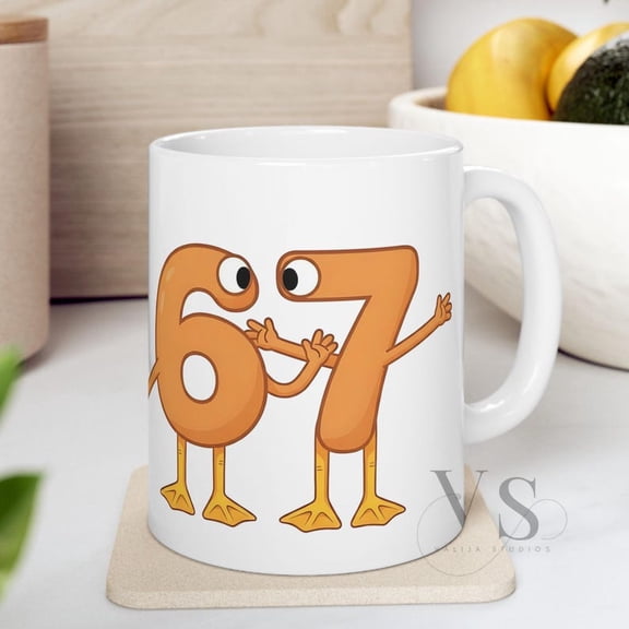 67 Funny Character Mug, Viral Meme Coffee Cup, Cute C1Artoon Number Gift, 67 t1rend Ceramic Mug for Gamers, Couples, and