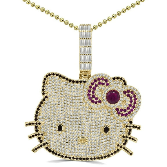 67 Grams Big 2.75'' 14K Gold Over Baguette/Round Cut Simulated Diamond Iced Out Cute Hello Kitty Head Cartoon Charm Pendant Chain Neckless