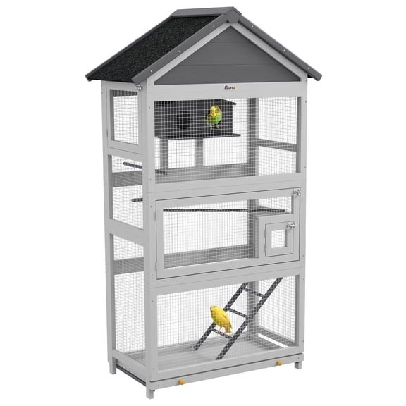 67" Gray Wooden Outdoor Bird Aviary with Slide-Out Tray, 3 Doors & Perches for Finches & Parakeets