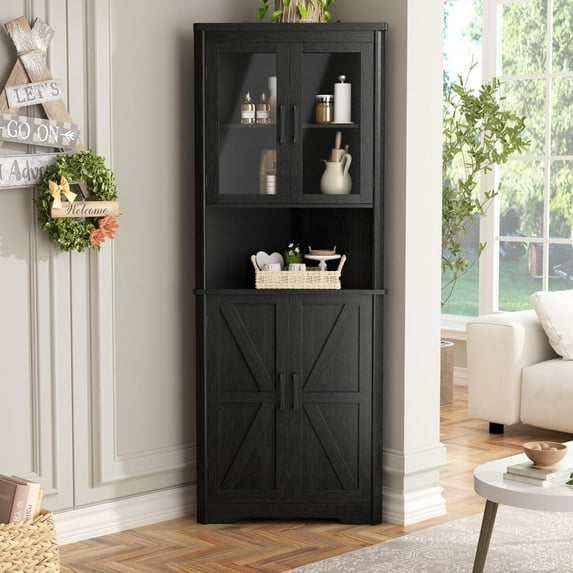 67''H Black Tall Farmhouse Corner Storage Cabinet with 4 Tempered Glass Doors and Barn Doors, Narrow Bathroom Cabinet with 5 Adjustable Shelves, Corner Hutch for Kitchen, Dining Living Room