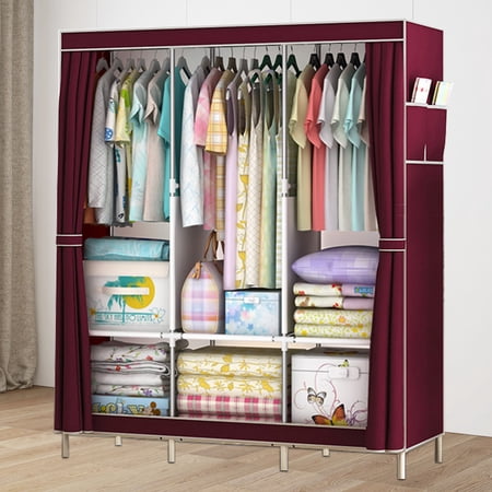 67"H Portable Closet Wardrobe for Hanging Clothes with 3 Hanging Rods and 6 Storage Organizer Shelves,Sturdy Large Wardrobe Closet for Bedroom Free Standing Clothes Rack with Cover