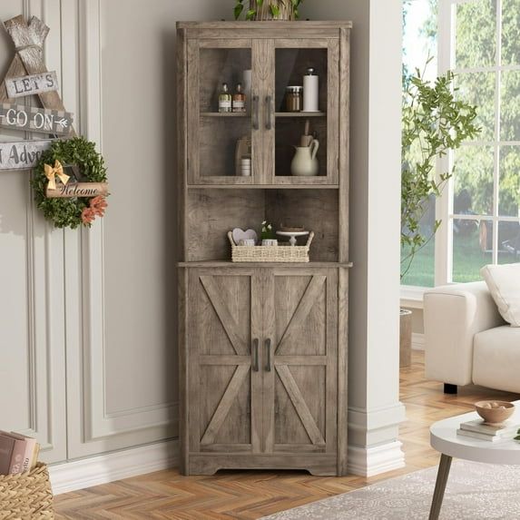 67''H Rustic Grey Tall Farmhouse Corner Storage Cabinet with 4 Tempered Glass Doors and Barn Doors, Narrow Bathroom Cabinet with 5 Adjustable Shelves, Corner Hutch for Kitchen, Dining Living Room