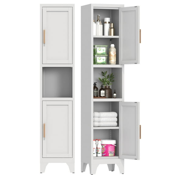 67" H Tall Bathroom Storage Cabinet with 2 Doors ＆Adjustable Shelves,Narrow Metal Cabinet with Open Countertop,Narrow Storage Unit for Small Space,Bathrooms,Entryway,Kitchen- Assembly Required(White)