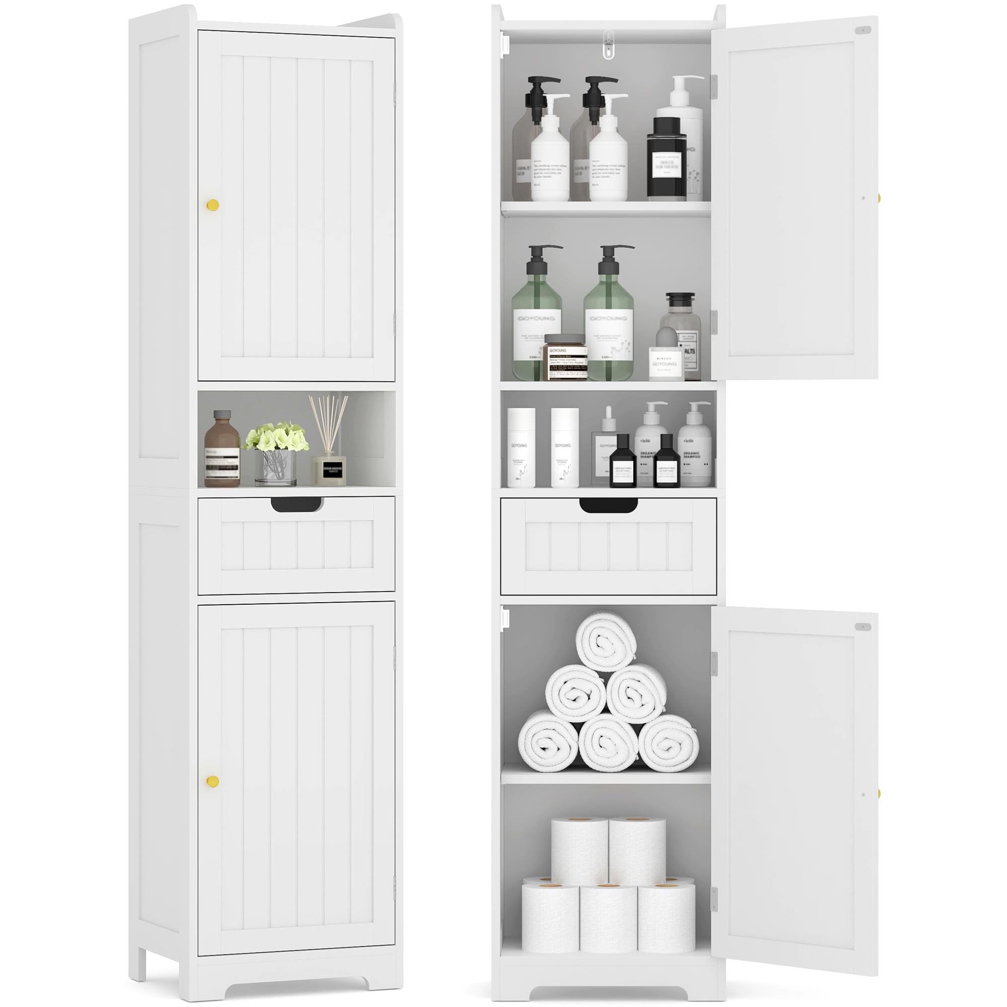 67" H Tall Bathroom Storage Cabinet, Narrow Freestanding Towel Cabinet with Waterproof Base, Adjustable Shelves, 2 Doors & 1 Drawer — for Bathroom, Kitchen, Living & Dining (White, 15.7" W)