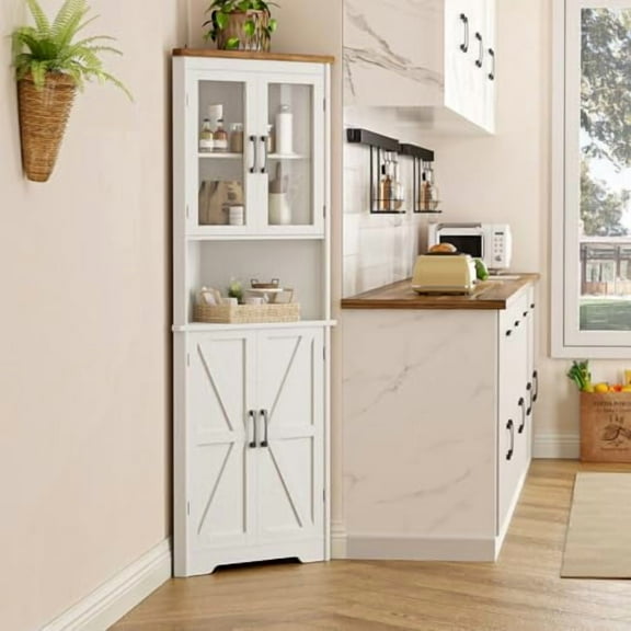 67''H Tall Corner Cabinet with 4 Tempered Glass Doors and Barn Doors, Farmhouse Storage Cabinet with 5 Adjustable Shelves, Home Pantry Hutch for Kitchen, Dining Living Room, Bathro