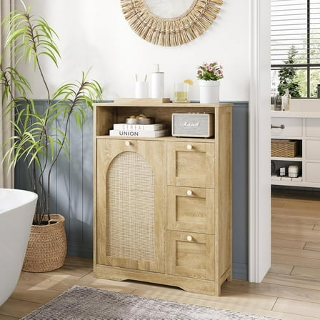 67" H Tall Corner Cabinet with Doors and 6 Storage Shelves, Rattan Storage Cabinet with Adjustable Shelves, Corner Bookshelf Home Space Saver for Bathroom, Laundry, Living Room, Black