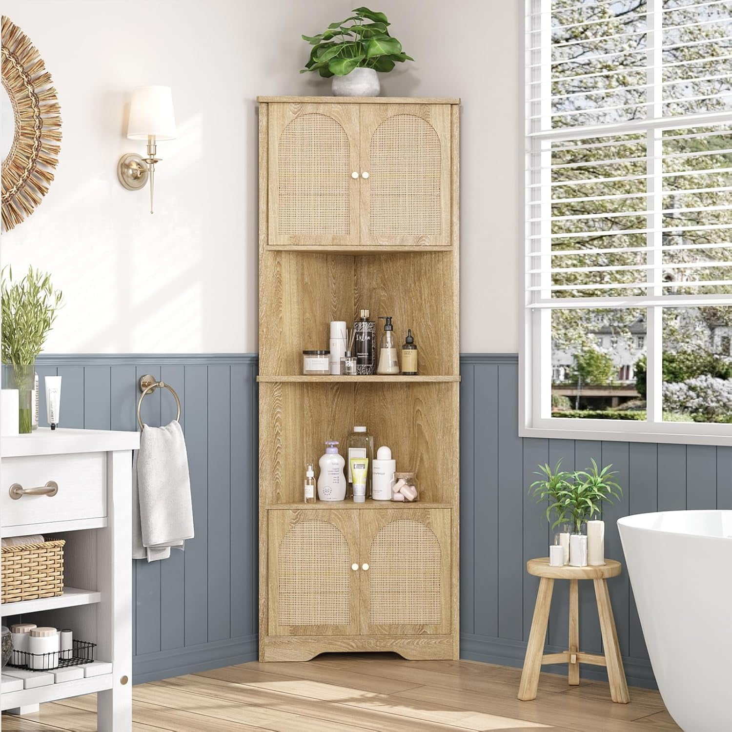 67" H Tall Corner Cabinet with Doors and 6 Storage Shelves, Rattan ...