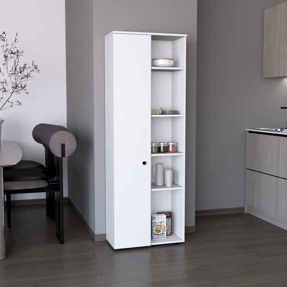 67" H White Kitchen Pantry With 1 Door And 5 Interior & Exterior Shelving Storage, H, Door, . Storage Shelves Ext.