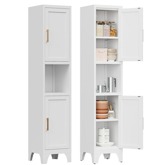 67" H White Metal Narrow Pantry Cabinet with 2 Doors and 2 Adjustable Shelves, 5 Tier Small Thin Storage Cabinet with Legs and Gold Handle for Kitchen,Home Office,Bath,Laundry,Easy Assembly