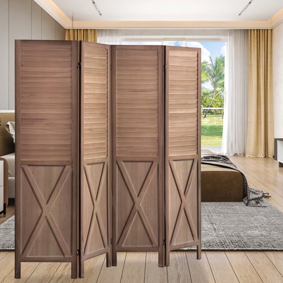 67”H Wood Room Divider Screen with 4 Panels,Dual-hingers Folding Privacy Screens,Room Divider for Room Separation,Brown