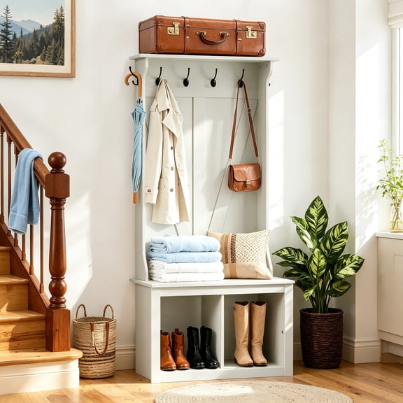 67" Hall Tree with Bench and Shoe Storage, Farmhouse Entryway Bench with Coat Rack, Mudroom Storage Organizer with 2 Cubbies, 6 Hooks for Entryway, Living Room, White