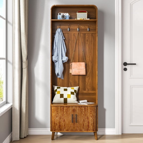 67" Hall Tree with Storage Bench & Coat Rack, Walnut Arch Entryway Organizer with 4 Hooks