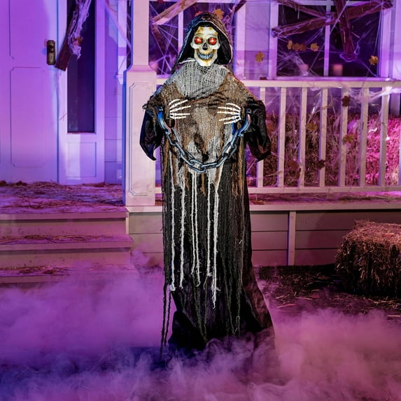 67" Halloween Decorations Outdoor Life Size Animatronics Grim Reaper with Chain, Sound-Actived Party Decor with Creepy Sound, Scary Haunted House Props for Garden Yard Lawn