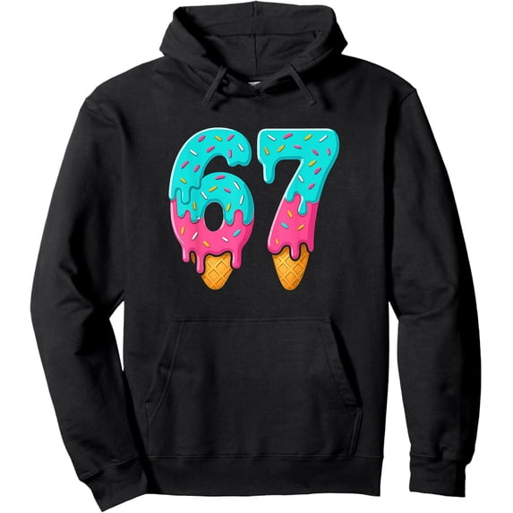 67 Ice Cream Drip Graphic Black Hoodie - Colorful Cone Number Design Pullover Sweatshirt