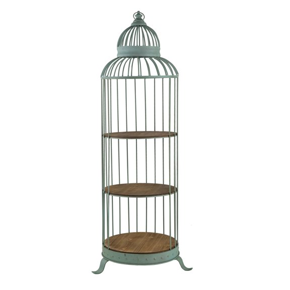 67 Inch 3 Tier Caged Iron Frame Display Shelf, Finial Top, Patina Blue