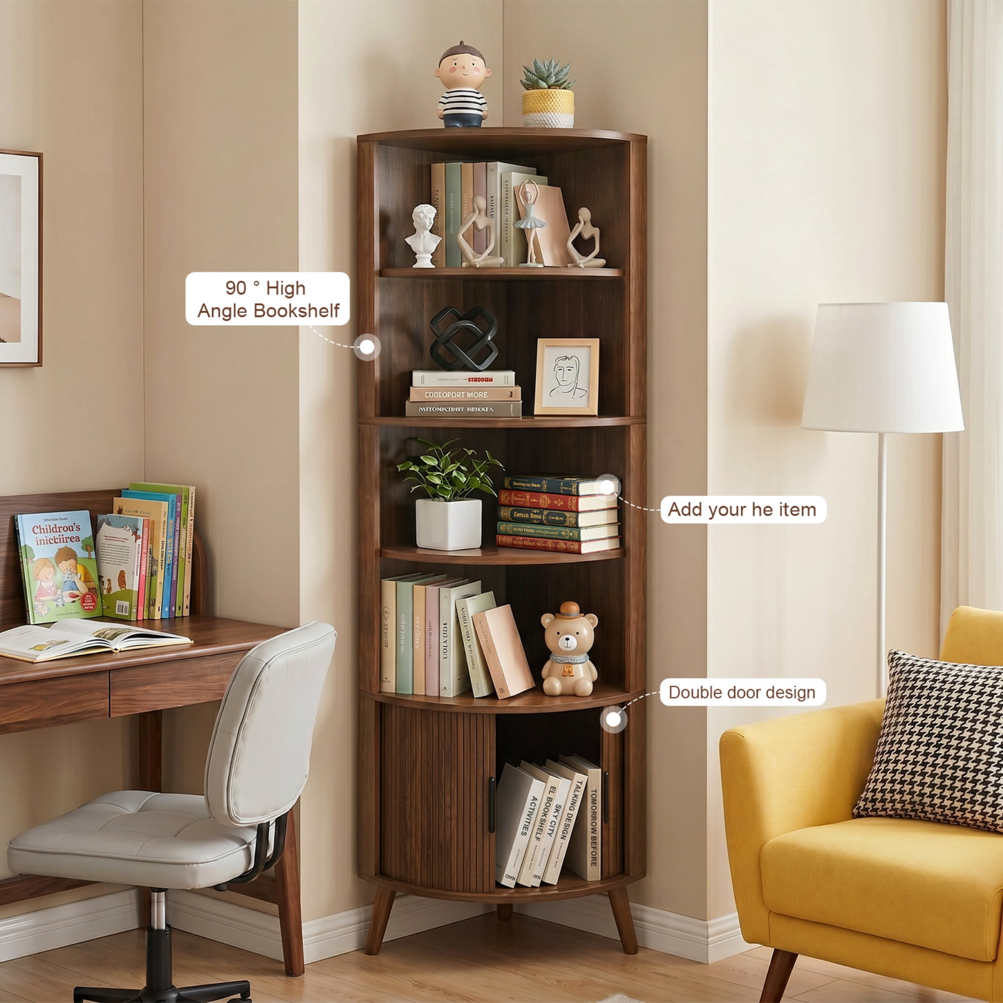 67-Inch Corner Shelf with Sliding Doors and 4-Tier Open Shelves, Freestanding Corner Storage Cabinet and Bookshelf for Living Room and Kitchen, Walnut