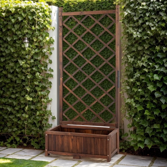 67-Inch Elevated Wood Garden Planter with Integrated Trellis for Flowers and Vegetables, Perfect for Patios and Porches, Featuring Drainage Holes and Lattice Panels, Brown