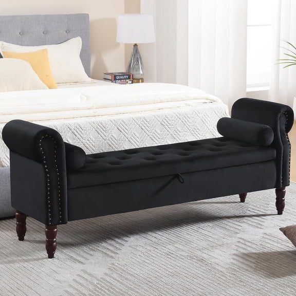 67 Inch End of Bed Storage Bench King Size, Velvet Upholstered Storage Bench with Tufted Design and Arms, Bedroom Storage Ottoman Bench for Living Room Entryway