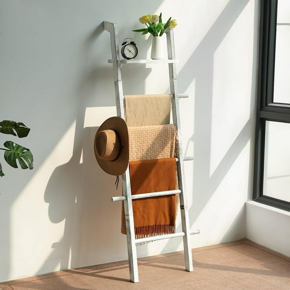 67-Inch Farmhouse Blanket Ladder with Shelf and Hooks, 5-Tier Wooden Wall Leaning Towel Quilt Rack Holder for Living Room Decor