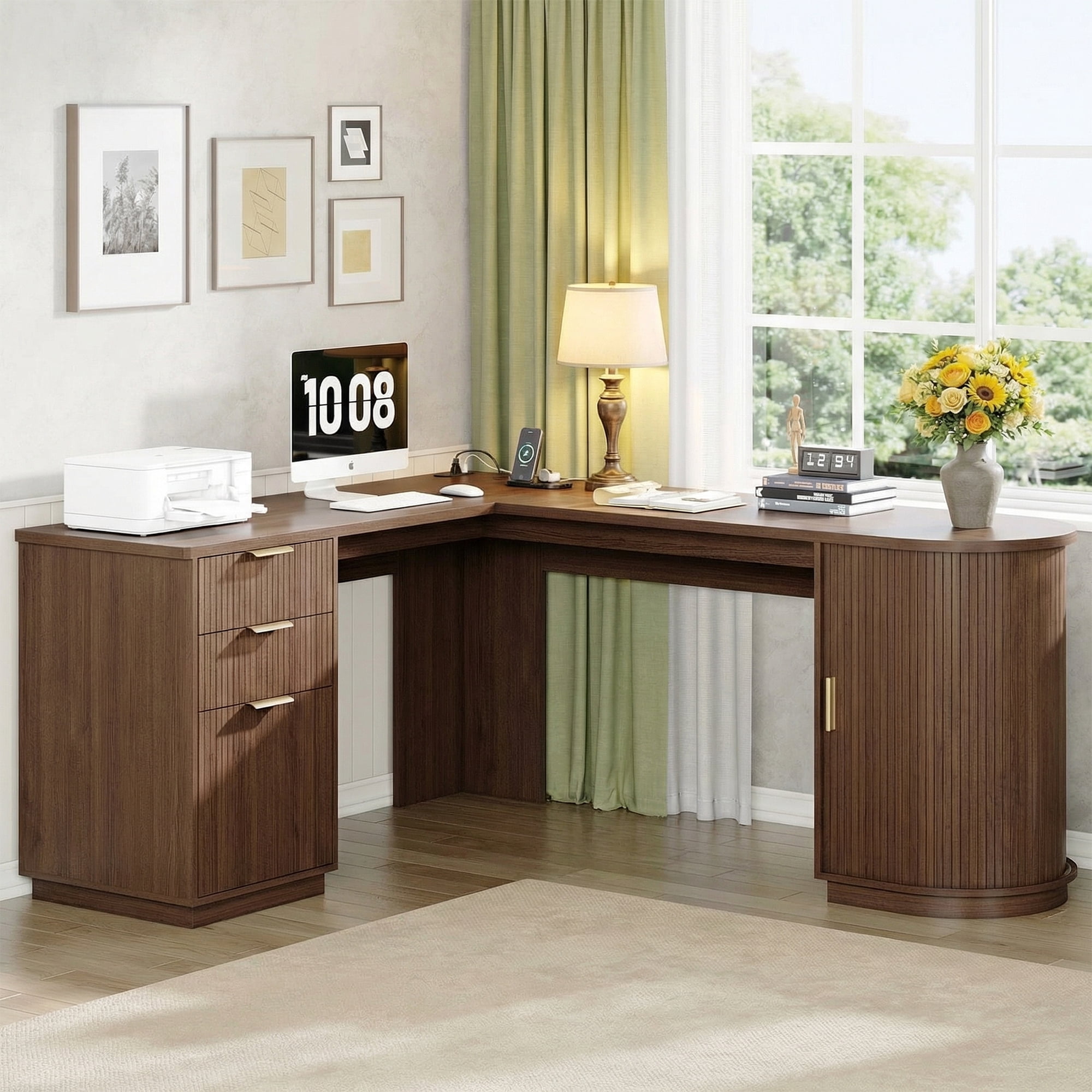 67 Inch Fluted L Shaped Desk, Mid Century Modern Corner Desk with Drawers and  Charging Station, Home Office Executive Wooden Computer Desk with Storage Cabinet & File Drawer, Walnut