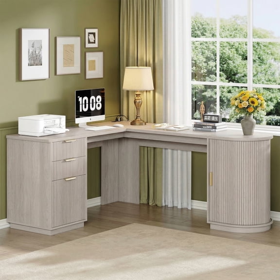67 Inch Fluted L Shaped Desk, Mid Century Modern Corner Desk with Drawers and Charging Station, Home Office Executive Wooden Computer Desk with Storage Cabinet & File Drawer, Alder White