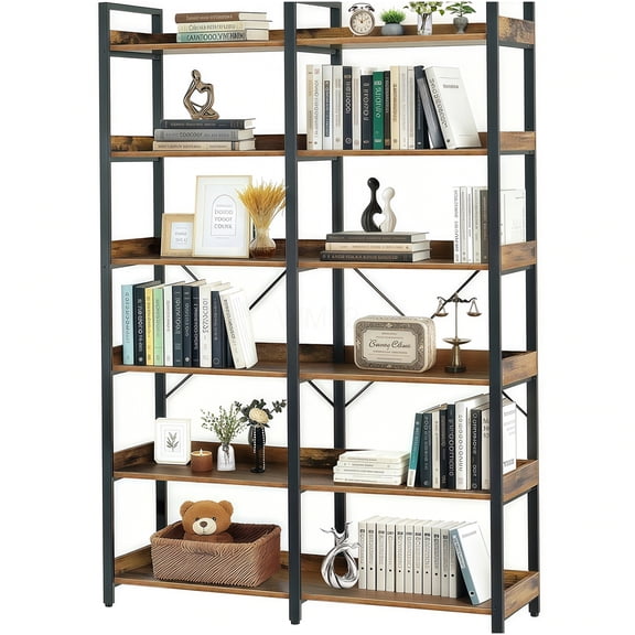 67 Inch Industrial Bookcase, 6 Shelf Freestanding Storage Rack with Metal Frame, Open Book Shelf Organizer for Living Room, Bedroom, Home Office, Brown and Black