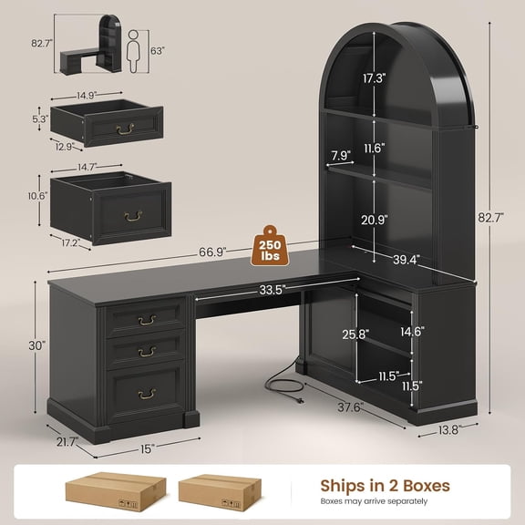 67 Inch L Shaped Desk with Tall Arched Bookshelf and Storage Cabinet, Mid- Modern Corner Office Desk with 3 Drawers and Charging Station for Home Office, Black