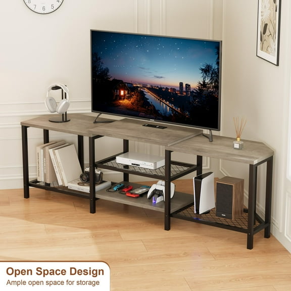 67 Inch Large TV Stand With LED Lights, Corner Entertainment Center With Power Outlets, 4 Open Storage Shelves, Media Console for Living Room, Bedroom, Grey