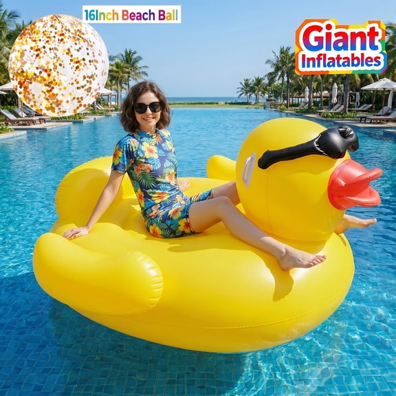 67 Inch Oversized Duck Inflatable Pool Float for Adults, XXL Thick Water Lounger with 16" Beach Ball, 300lbs Capacity, Blow Up Raft for Pool Lake Beach Summer Party Decor