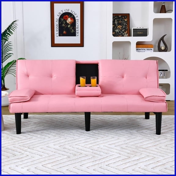 67-Inch Pink PVC Convertible Sofa Bed with Cup Holder Ideal for Small Living Rooms, Dorms & Offices