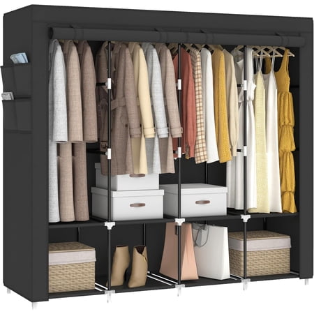 67 Inch Portable Closet Wardrobe for Hanging Clothes, Wardrobe Closet with Cover, 4 Hanging Rods and Side Pockets, 8 Storage Shelves, Large Clothes Organizer for Bedroom, Living Room, Black