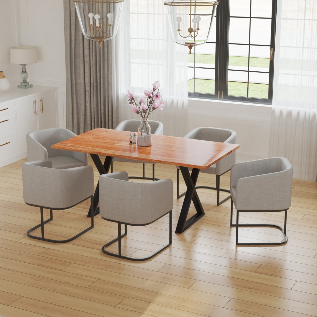 67 Inch Rectangular Dining Table with Crossed Black Metal Legs and