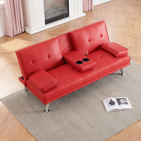 67-Inch Red Leather Multifunctional Double Folding Sofa Bed with Coffee Table for Office and Small Space Living Room Use