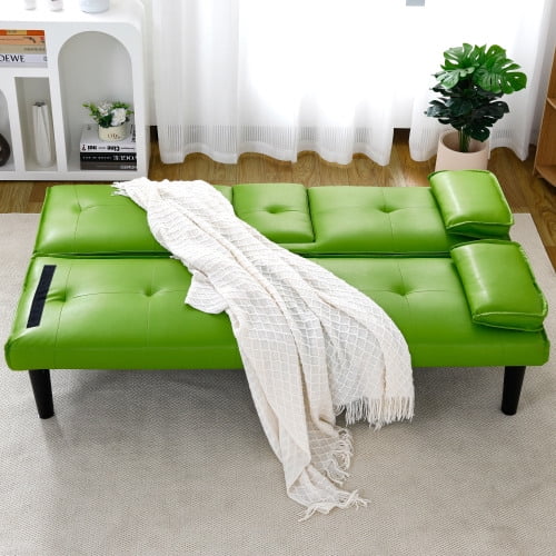 67 Inch Sofa Bed Convertible Loveseat with Cup Holders Foldable Sleeper Couch PVC Fabric Green for Small Spaces Apartment