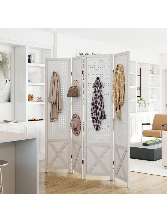 67 Inch Tall 4-Panel Foldable Pegboard Room Divider, Paulownia Wood Freestanding Privacy Partition Screen, Multi-Purpose Display Stand for Home & Commercial Use