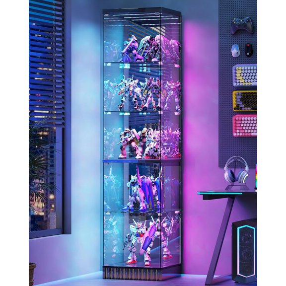 67-Inch Tall Black Corner Curio Display Cabinet with Glass Door, RGB Motion Sensor Light, and 5 Removable Glass Shelves
