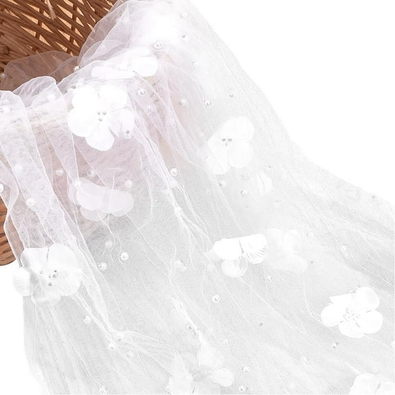 67 Inch White 3D Floral Embroidered Mesh Fabric by The Yard Pearls Sheer Tulle Nylon Flower Applique Embroidery Gauze Cloth for Sewing Making Wedding Bridal Decor Gifts Wrapping DIY Craft White