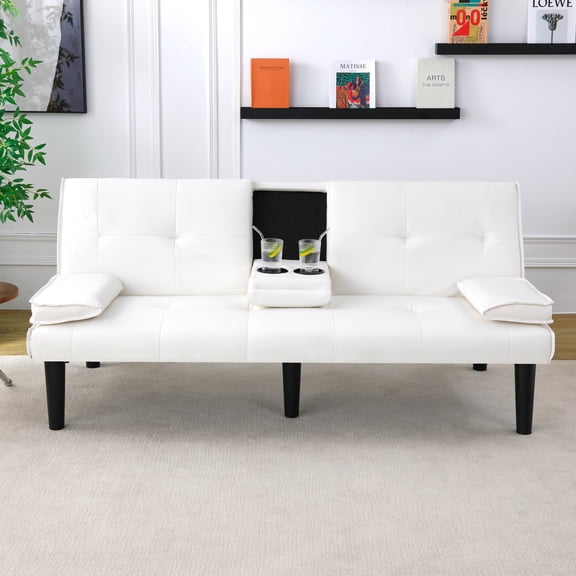 PVC Multi-Functional Sofa Bed with a Foldable and Cup Holder Design for Living Room and Bedroom 67Inch White