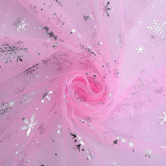 67 Inch Wide Snowflake Silver Foil Organza Fabric Pink Rectangular Sheer Mesh Ribbon Fabric 3 Yards Silky Shiny Tulle Tablecloth Net Gauze
