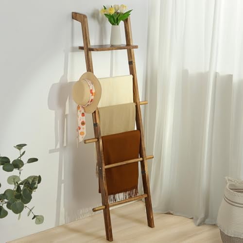 67-Inch Wooden Blanket Ladder with Shelf for Living Room - 5-Tier Farmhouse Towels and Quilt Rack Decor - Leaning Wall Display Holder for Blankets and Throws