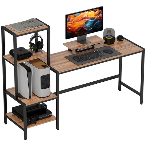 67" Industrial Computer Desk with Monitor Stand, 4-Tier Reversible Design, Printer/CPU Shelf, Writing Desk for Home Office