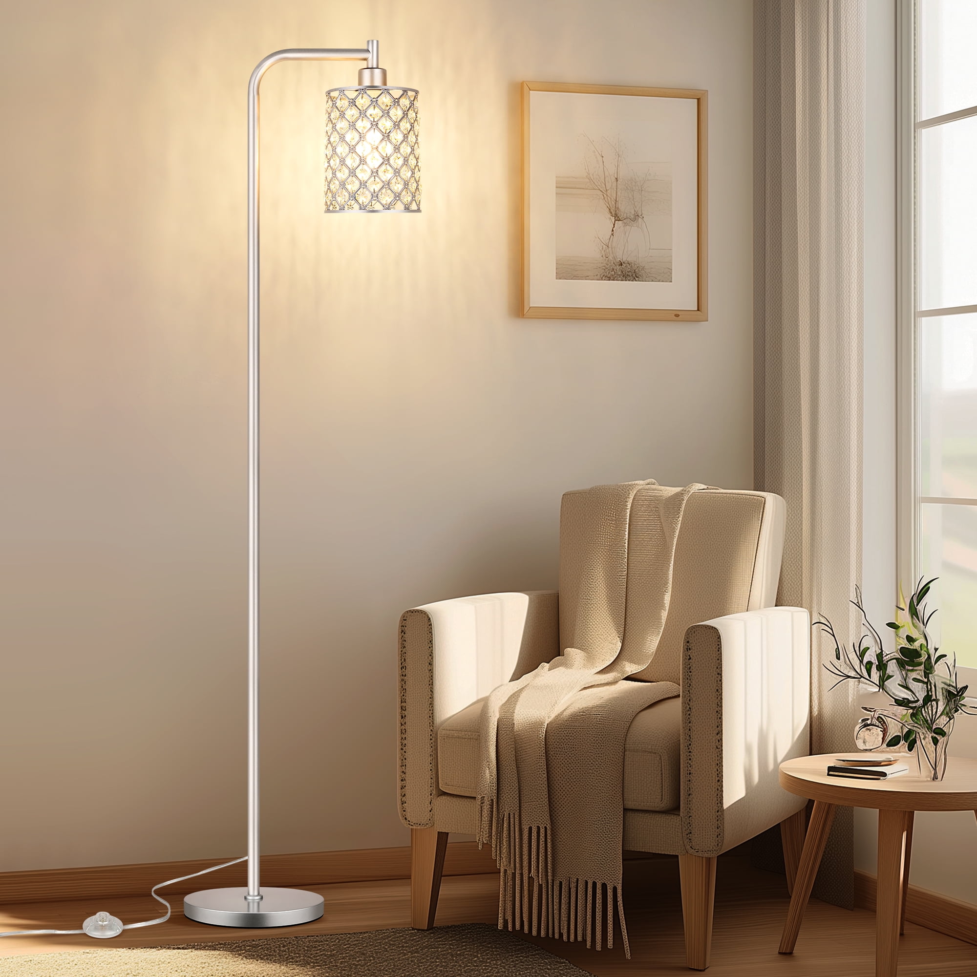 67” Industrial Floor Lamp for Living Room, Modern Standing Lamp with Crystal Lampshade Tall Lamp for Bedroom Study Room, Silver