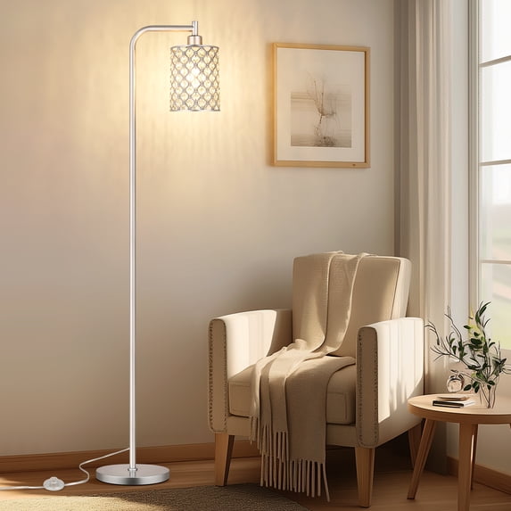 67” Industrial Floor Lamp for Living Room, Modern Standing Lamp with Crystal Lampshade Tall Lamp for Bedroom Study Room, Silver