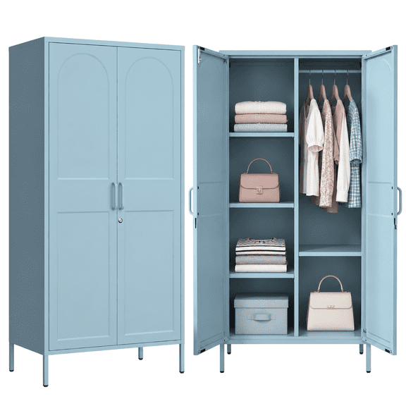 67" Industrial Lockable Metal 2-Door Wardrobe Storage Cabinet with Hanging Rod & Adjustable Shelves, Heavy Duty Multipurpose for Bedroom, Garage, Home Office, Blue 67"H X 31.5"W X 18.1"D