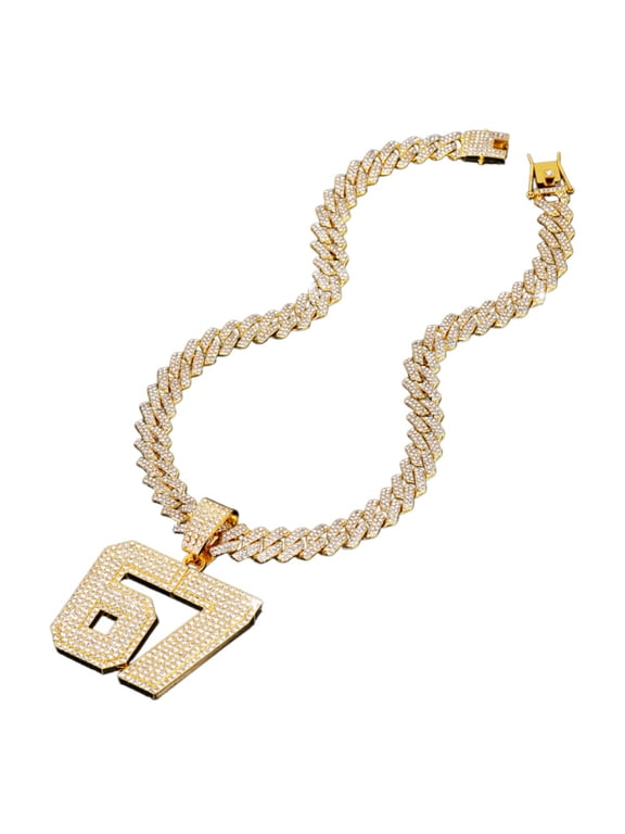 67 Jersey Number Pendant Necklace for Men, Bling Cubic Zirconia Chunky Cuban Link Chain Hip Hop Sports Athlete Jewelry Gift