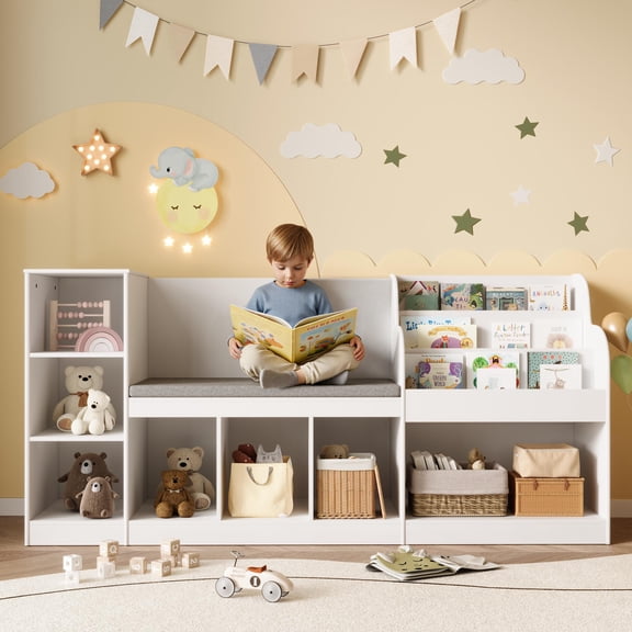 67" Kids Reading Nook with Cushion Bench, Toy Storage Organizer Bookcase for Playroom Bedroom Nursery