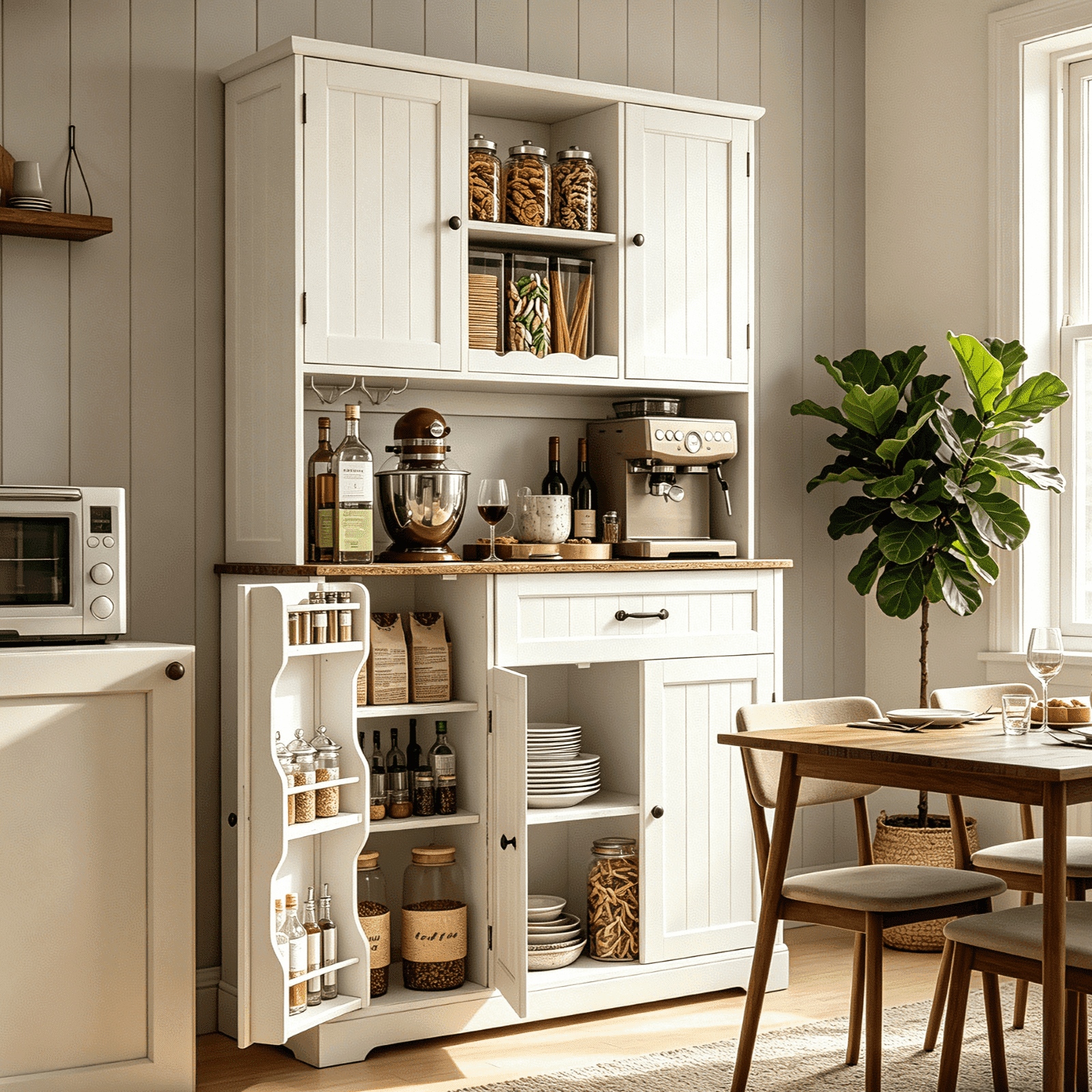67" Kitchen Hutch Cabinet with 5 Doors and 14 Shelves, Noelse Large Wooden Kitchen Pantry Storage Cabinet with Drawer, Tall Coffee Bar for Dining Room, White and Rustic