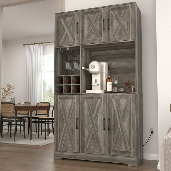 67" Kitchen Pantry Cabinet with Power Outlet, Farmhouse Hutch with Wine Rack & Glass Holder, Microwave Stand for Dining & Living Room, Grey