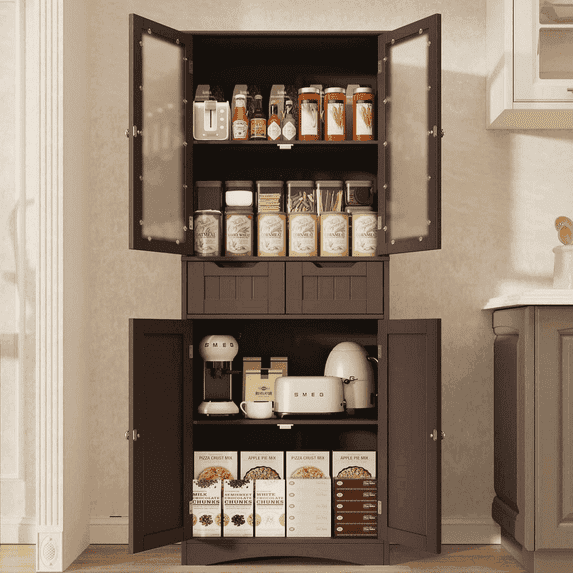 Kitchen Pantry, Lofka 67" Kitchen Pantry Cabinet with Glass Door & Shelves & 2 Drawers, Dark Brown